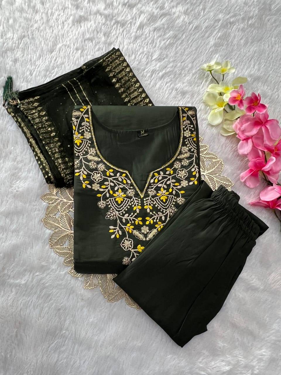 Mehandi Green Designer Roman Silk Kurti Set with Zari & Sequin Dupatta